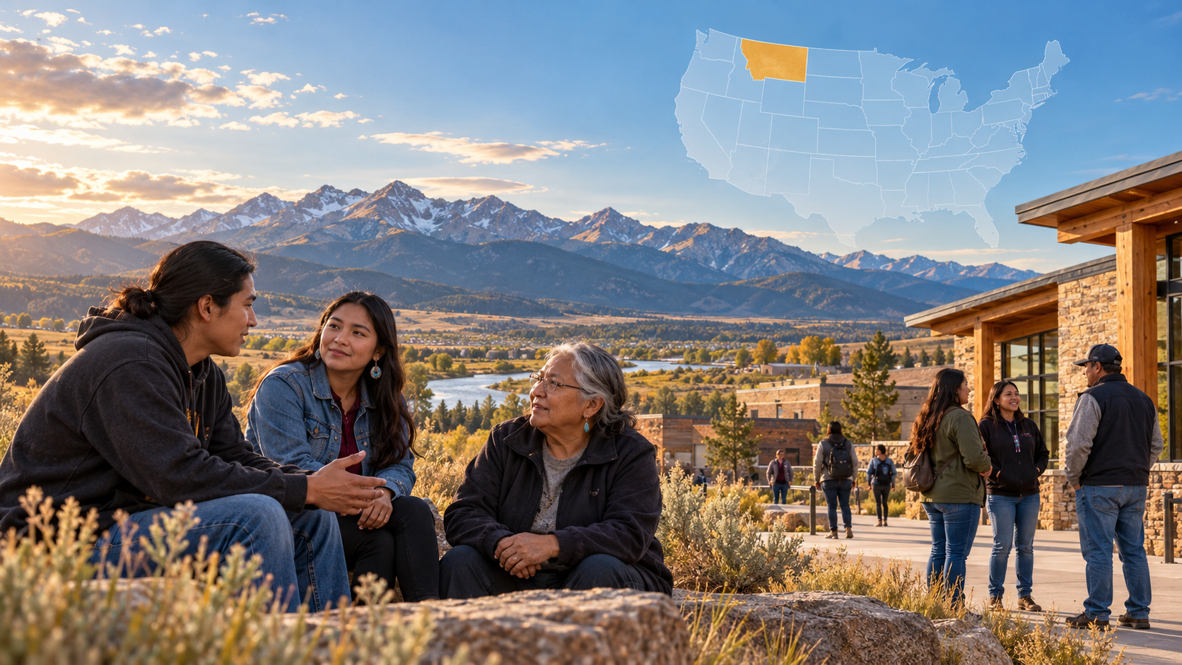 Zeitgenössische indigene Gemeinschaft vor der Berglandschaft Montanas; im Hintergrund ist eine USA-Karte mit hervorgehobenem Montana zu sehen